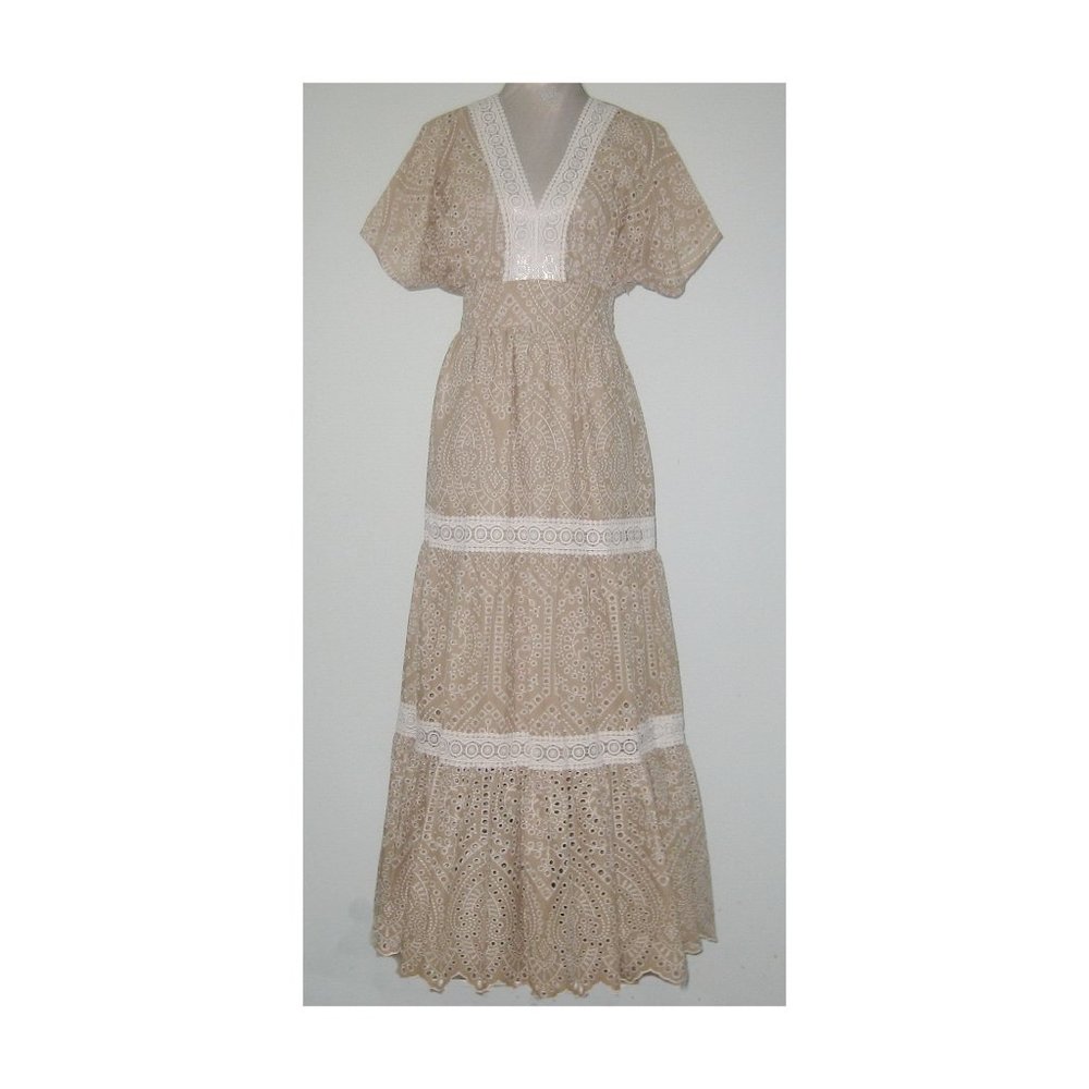 NWT Elie Tahari LACE Trim EYELET Women's Maxi Dress COTTON Size 8 Beige MRP $495